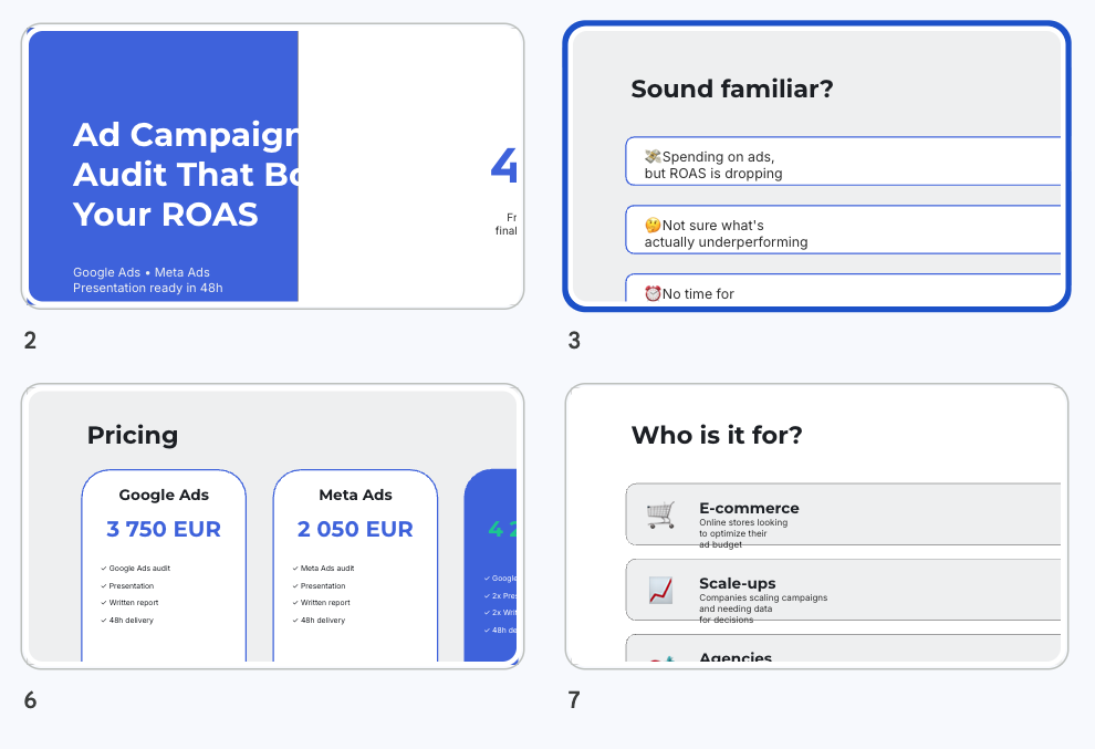 Iterations 2, 3, 6 and 7 of the offer generator — from overflowing text and broken layouts to a polished, branded presentation.