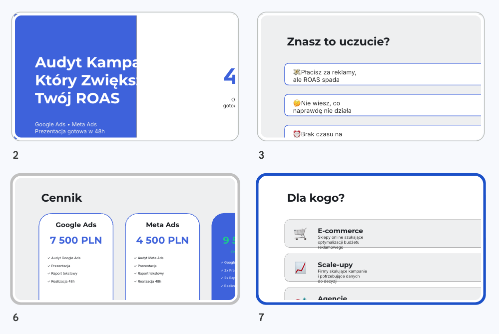 Iteracje 2, 3, 6 i 7 generatora ofert — od wylatującego tekstu i rozjechanych layoutów po dopracowaną, brandowaną prezentację.