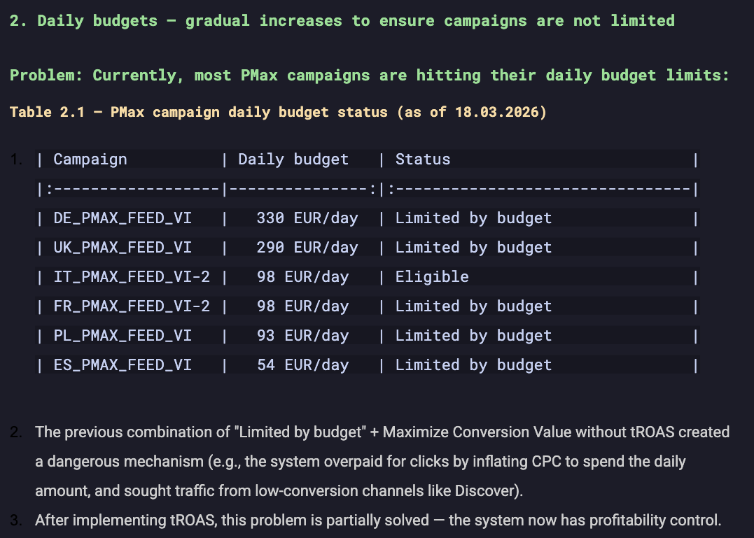 PMax campaign daily budget analysis — budget status per market, limited by budget flags, and tROAS implementation insights.
